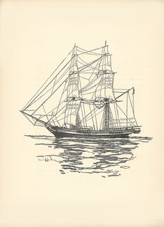 a drawing of a sailing ship in the water