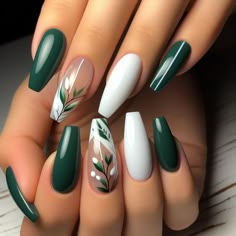 Juniper Green Wedding Nails, Matte Nails With Flowers, Nails With Green Accent, Wow Nails Designs, Olive Green Acrylic Nails, Dark Green Acrylic Nails Designs, Wedding Nails Green, Green Acrylic Nails Designs, Dark Green Nails Acrylic