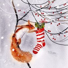 a painting of a squirrel hanging from a tree with a christmas stocking on it