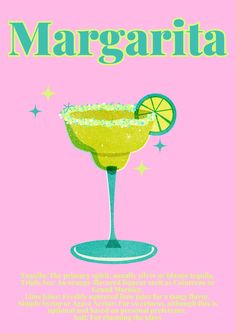 the margarita cocktail poster is shown on a pink background