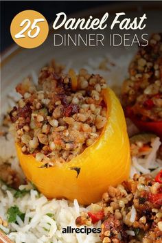 a plate with rice, peppers and other food on it that says 25 dinner fast dinner ideas