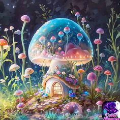 a painting of a mushroom house in the middle of a forest with lots of mushrooms