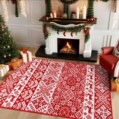 a living room decorated for christmas with red and white rugs on the floor next to a fire place