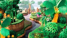 an animal crossing game is shown in the middle of a tropical landscape with flowers and palm trees