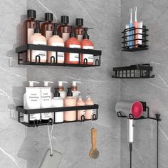 two black shelves filled with different types of bathroom items