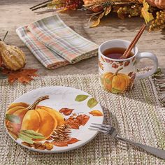 Essence Of Fall Salad Plates-Lange General Store Dinner Arrangement, Rectangular Placemat, Fall Dining Room Decor, Harvest Dining Table, Fall Dining Room, Cursive Lettering, Dishware Sets, Autumn Dining, Fall Mug