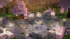 Cave Pond Minecraft, Sakura Pond Minecraft, Mc Pond Ideas, Cute Minecraft Staircase, Minecraft Cherry Blossom Pond, Panda Habitat Minecraft, Cherry Blossom Dock Minecraft, Cherry Blossom Pathway Minecraft, Cherry Blossom Fountain Minecraft