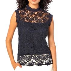 Nanette Lepore Lace Top Navy Blue Sleeveless Exposed Brushed Gold Center Back Zipper Crochet Lace Arm & Neck Trim Large New With Tag Elegant Blue Spring Tank Top, Elegant Blue Tank Top For Spring, Elegant Blue Lace Top, Sleeveless Blue Lace Tops, Blue Lace Sleeveless Tops, Elegant Blue Lace Top For Summer, Chic Blue Lace Top For Summer, Chic Blue Lace Top, Zipper Crochet