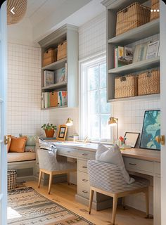 Two Twin Beds With Desk, Desk In Open Concept Living Room, Built In Desk With Window, Attic Homeschool Room, Home Office Homework Room, Cottage School Room, Homeschool Nook Spaces, Homeschool Built Ins, Homeschool Living Room Ideas