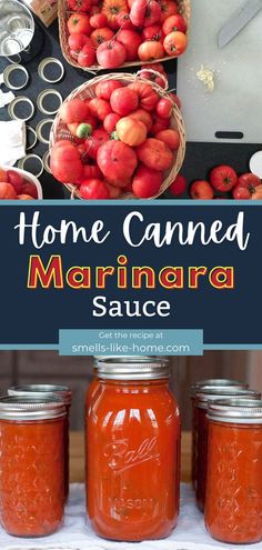 homemade canned marinara sauce with apples in the background and text overlay that reads home canned marinara sauce