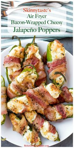 bacon wrapped cheesy jalapeno peppers on a white plate with text overlay