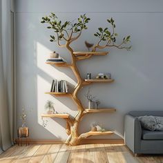 a living room with bookshelves and a tree on the wall in the corner