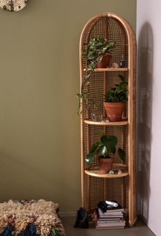 a corner shelf with plants on it next to a wall mounted clock and rugs