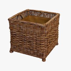 a wicker basket with wheels and handles