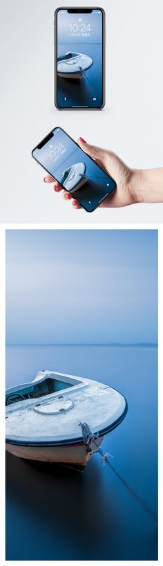 two pictures showing the different angles of a boat in the water and an image of a person holding a cell phone