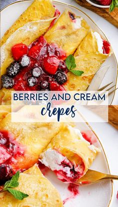 berries and cream crepes on a white plate