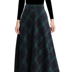 New. Tanming Women's Winter Warm Elastic Waist Wool Plaid A-Line Pleated Long Skirt - This Is A Winter Warm Wool Plaid A-Line Pleated Long Skirt For Women By Tanming. The Skirt Has 2 Pockets And A Zippered Side. The Skirt Has An Elastic Waist And Is Made Of 70% Polyester And 30% Wool. The Lining Is 100% Polyester. It Is Machine Washable And Should Not Be Hand Washed. Green/Blue/Black Plaid. Xsmall Waist Measures 12". Length Is 32.5". Elegant Midi Skirt, Midi Skirt With Pockets, Check Skirt, Swing Design, Pleated Long Skirt, Long Skirts For Women, Wool Skirts, Beautiful Skirts, Wool Plaid