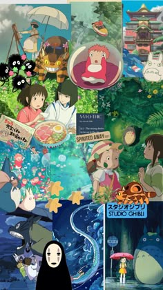 an anime collage with people and animals in the water, one woman is holding an umbrella