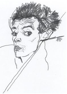 a black and white drawing of a woman's face with hair blowing in the wind