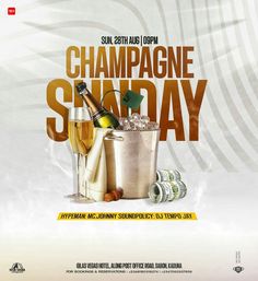 an advertisement for champagne sunday with bottles of wine in ice buckets and money on the side