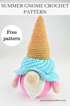 a crocheted gnome with a hat on it's head and text overlay that says, summer gnome crochet pattern