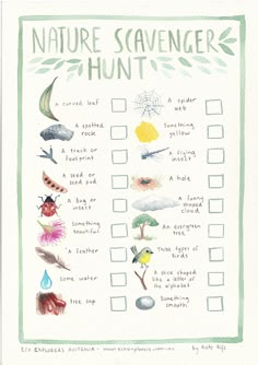 the nature scavenger hunt print is shown on a white paper with green trim