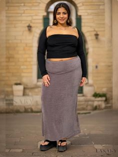 Lasaky - Slate Grey Maxi Skirt by Harriette, Perfect for Any Occasion Grey Maxi Skirt, Grey Maxi Skirts, Color Block Maxi Dress, Grey Maxi, Strapless Bodycon Dress, Tulle Midi Skirt, Grey Skirt, Floor Length Skirt, Maxi Styles