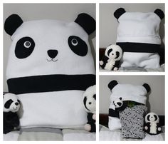 three pictures of stuffed pandas and one with a blanket on it's back