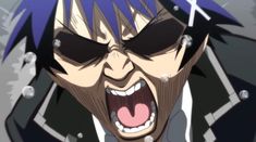 an evil looking man with blue hair and black eyeliners has his mouth open