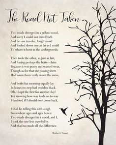 the road not taken poem written in black ink on parchment paper with tree and bird silhouette