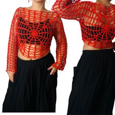 a woman wearing a red net top and black skirt with her hands on her hips