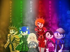 some cartoon characters are standing together in front of a colorful background with words that spell out