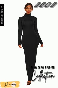 Fashion Solid Color Dress Women Long Sleeve Stretch Slim High Neck Dress Vestido Feminino Long Fitted Solid Color Dresses, Long Fitted Dress In A Specific Color, Solid Color Long Fitted Dress, Chic Long Fitted Bodycon Dress, Chic Long Bodycon Dress, Long Bodycon Dress For Date Night, Long Solid Color Bodycon Dress, Long Bodycon Dress In Solid Color, Solid Long Bodycon Dress