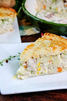 a slice of chicken pot pie on a plate