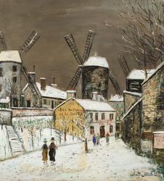 a painting of people walking down a snow covered street with windmills in the background