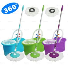 three mop buckets with two mops on each side and the same mop in different colors