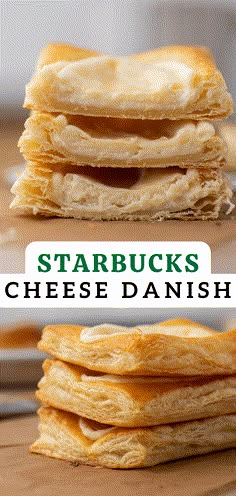 three stacks of cheese danish pancakes stacked on top of each other with the words starbucks's cheese danish