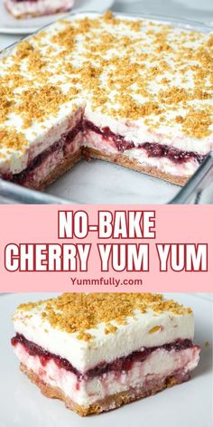 no - bake cherry yum yum cake is cut into squares and served on a plate