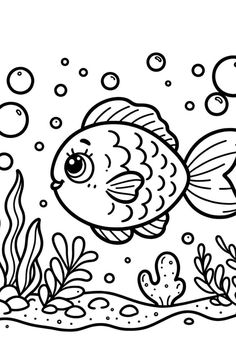 a black and white image of a fish in the ocean with bubbles on it's side