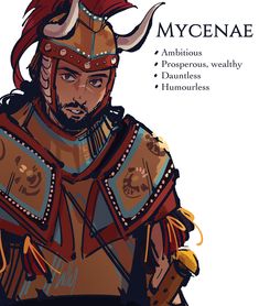 an image of a man in armor with horns on his head and the words mycenae above him