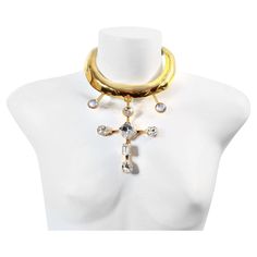 Vintage Christian Lacroix Gold Diamante Long Choker Circa 1990s. This stunning and well made choker with various shapes of crystals is so chic and actually detaches from the gold rigid choker so you could wear it on a black silk cord or another gold chain should you choose. This is pure Lacroix at his height. The look will immediately say Lacroix. The choker is rigid as are all the parts. For the sizing. The neck opening is 4" wide. The middle of that goes to 4.5" doubling that gives plenty of s Shapes Of Crystals, Luxury Vintage Choker Necklace, Luxury Gold Statement Choker, Christian Dior Necklace Vintage, Vintage Christian Dior Necklace, Christian Lacroix Jewelry Vintage, Dope Jewelry Accessories, Vintage Versace, Paris Vintage