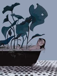 a painting of a woman in a bathtub with plants growing out of the tub