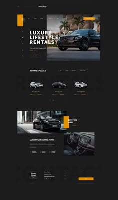 the website design for luxury rentals is shown in black and orange colors, with an image of a car