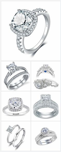 many different types of wedding rings with diamonds on each side and an oval diamond in the middle