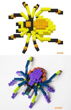 two pictures with legos in the shape of a spider