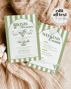 two green and white striped cocktail menus on top of a bed with a flower