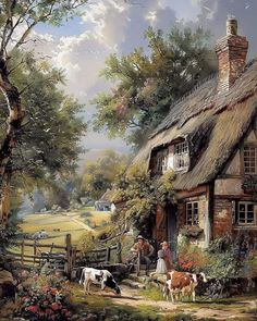 a painting of a farm scene with cows and sheep in front of a thatched cottage