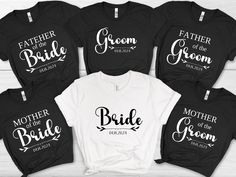 mother of the bride and groom t - shirts with their names on them in different colors