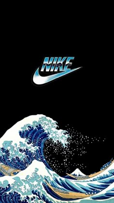 the nike logo is flying over an ocean wave with blue and white waves on it