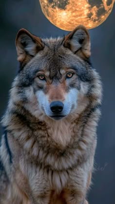 a wolf standing in front of the moon with its head turned to look like it is floating